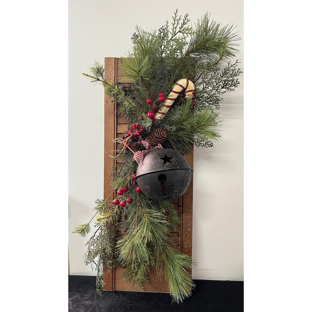 Rustic Christmas Shutter Swag Black Jingle Bell Pine Berry Wall Decor 25"